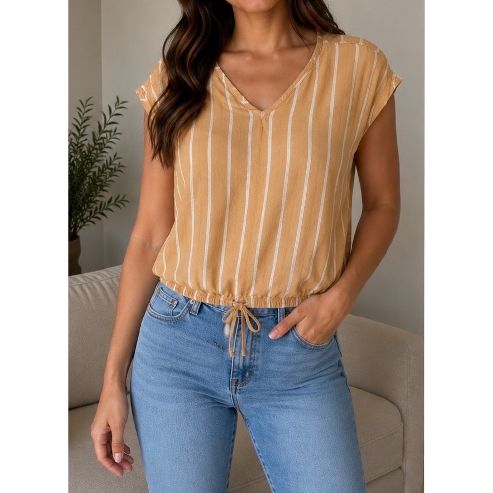 Como Black Mustard Yellow Striped V-Neck Tie Hem Blouse H2U126BC Medium